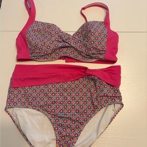 Lands' End Floral-Trim Bikini Bottom in Pink and Navy